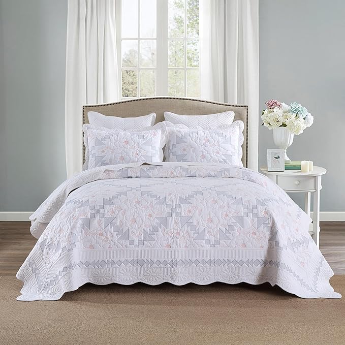 MarCielo 3-Piece 100% Cotton Oversized Bedspread Lightweight Quilt Coverlet Embroidery Farmhouse Bedding Set (TC Colorful White, Oversized Queen (100"x106"))-Ruum Studio Home