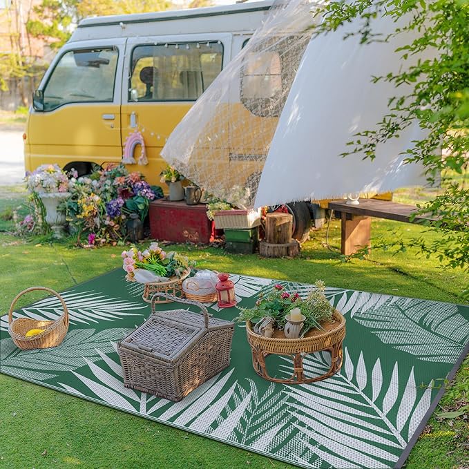 GENIMO Outdoor Rug 6' x 9' Waterproof for Patios Clearance, Reversible Plastic Straw Camping Carpet, Large Area Rugs Mats for RV, Picnic, Backyard, Deck, Balcony, Porch, Beach, Green&Grey-Ruum Studio Home