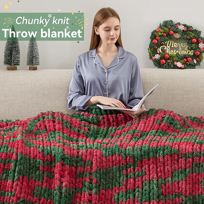 Chunky Knit Throw Blanket, 60''*80'' Knitted Throw Chenille Yarn for Bed Couch, Handmade Stripe Crochet Big Thick Blanket, Machine Washable Cute Comfy Blanket for Home Decor-Ruum Studio Home