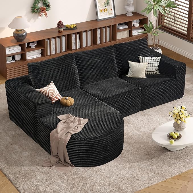 Modular Sectional Sofa with L-Shape Chaise,Cloud Sectional Modern Sleeper Couch with Deep Seat,Sponge Compression Sofas No Assembly Required(Plush Corduroy Fabric) 1PCS-Ruum Studio Home