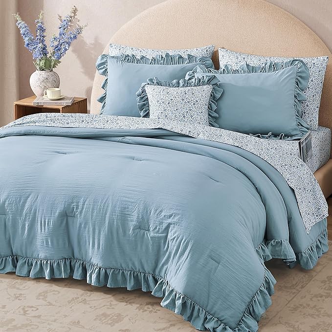 Full Comforter Set - 7 Pieces Ruffle Blue Bedding Sets, Shabby Chic Farmhouse Bed in a Bag Full with Ruffle Comforter, Floral Sheets, Pillowcases & Shams-Ruum Studio Home