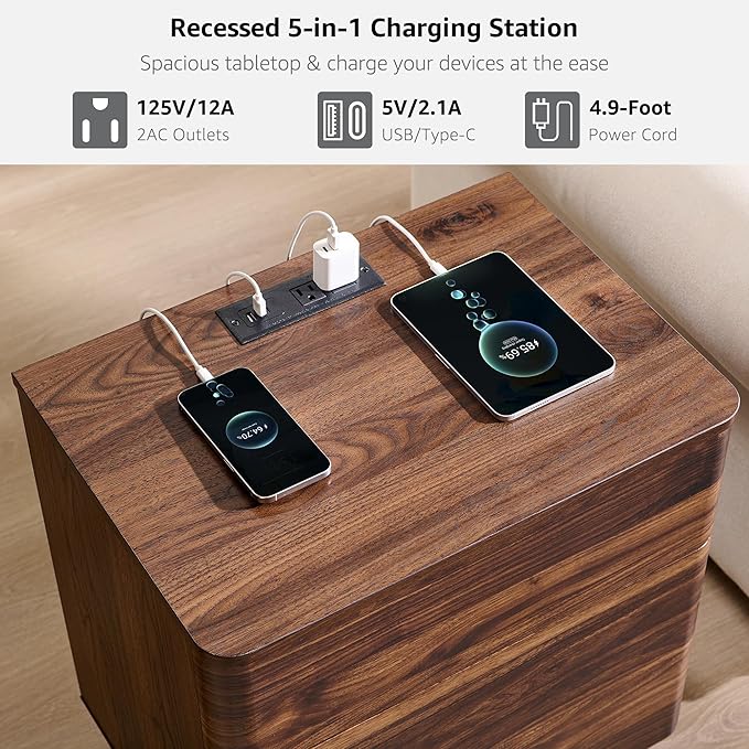 JXQTLINGMU 22" Modern Nightstand Set of 2 with Charging Station, Large Push-to-Open End Table, Wood Bedside Table, Curved Profile, Handleless 3 Drawer Night Stand for Bedroom, Living Room, Brown-Ruum Studio Home