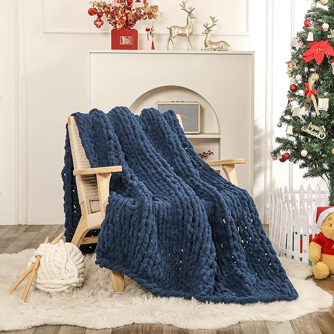 WESHIONGOO Chunky Knit Blanket Throw 50"×60" Knitted Throw Blankets for Couch Bed Fluffy Soft Blanket with Jumbo Chenille Yarn Thick 100% Handmade (Navy Blue)-Ruum Studio Home
