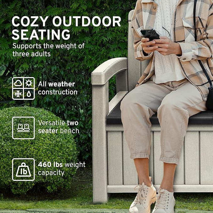 EconoHome 2 Seat Outdoor Storage Bench with Rain Cover - 60 Gallon Capacity - Weatherproof Resin Bench for Patio, Porch, Garden, Yard, Pool Area - Furniture for Pool Accessories, Gardening Tools-Ruum Studio Home