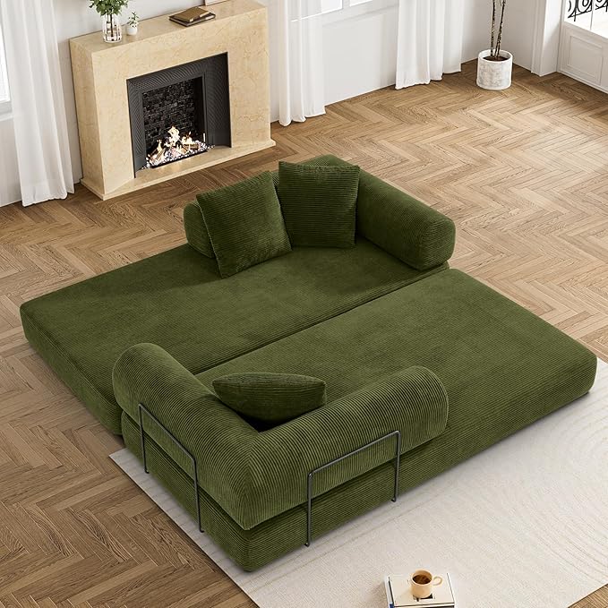 80.3" Convertible Sleeper Sofa Bed with Cylindrical Pillow, Corduroy Folding Mattress Couch with Fixed-Shape Frame, Modular Floor Sofa Lounge Couch for Living Room Bedroom Lounge, Green-Ruum Studio Home