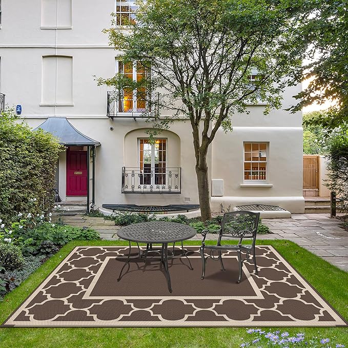 GENIMO Outdoor Rug 8' x 10' Patio Waterproof, Foldable Reversible Plastic Straw Area Rugs Mat for Camper Decor, Outside Carpet for Rv, Deck, Porch, Picnic, Beach, Balcony, Coffee & Beige-Ruum Studio Home