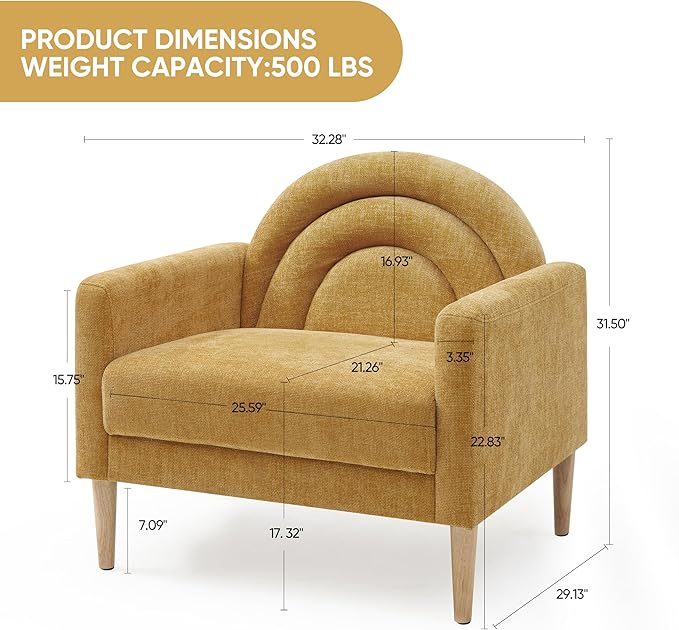 Accent Chair Reading Chair with Armrest, Small Comfy Chair for Small Spaces, Modern Linen Upholstered Armchair for Bedroom & Living Room, Single Sofa Chair with Wood Legs, Easy Assembly (Yellow)-Ruum Studio Home