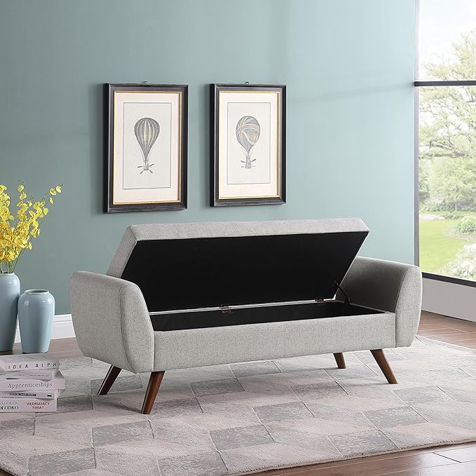 HomePop Modern Storage Bench with Wood Legs Home Décor|Bench with Storage for Living Room & Bedroom - Light Gray Woven-Ruum Studio Home