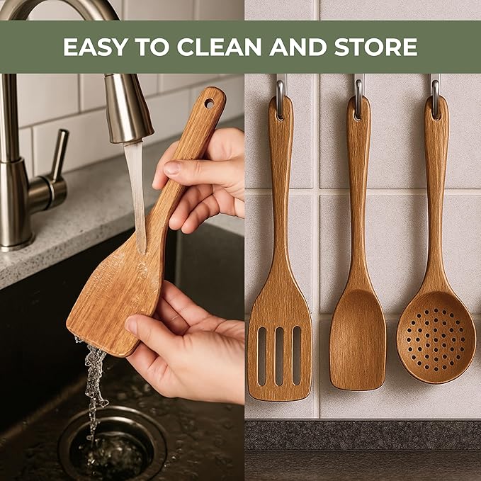 Vasilek Wooden Cooking Utensils Set – 12-Piece Acacia Wood Kitchen Utensil Set with Square Holder & Spoon Rest, Non Toxic Wooden Tools for Nonstick Cookware, Spatula, Ladle, Serving Spoon-Ruum Studio Home
