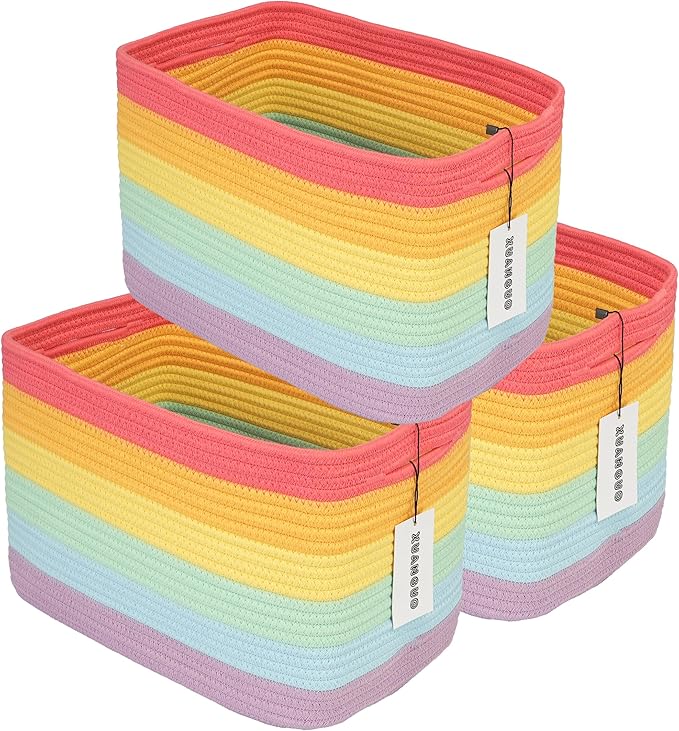 3-Pack Rainbow Storage Baskets 14.5X9.5X9.3“ – Woven Toy Organizer Bins for Kids, Baby Room, Nursery, and Classroom – Cute Square Rope Baskets for Shelves and Organization Rainbow-Ruum Studio Home