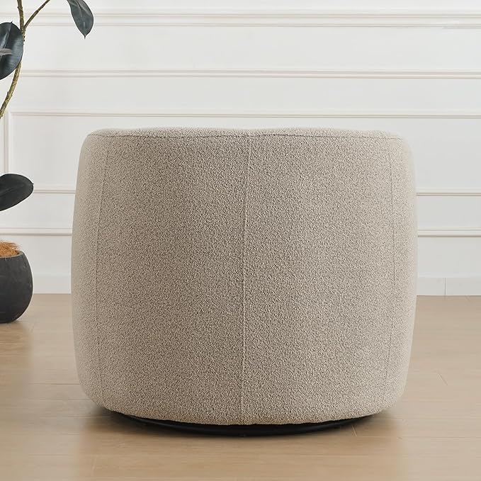 KINWELL 34" Wide Sherpa Swivel Barrel Chair, No Assembly Round Boucle Upholstered Accent Chair Armchair Single Sofa Chair with Toss Pillow for Living Room and Bedroom, Taupe-Ruum Studio Home