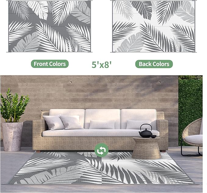 GENIMO Outdoor Rug 5' x 8' Waterproof for Patios Clearance, Reversible Plastic Straw Camping Carpet, Large Area Rugs Mats for RV, Picnic, Backyard, Deck, Balcony, Porch, Beach, Grey&White-Ruum Studio Home