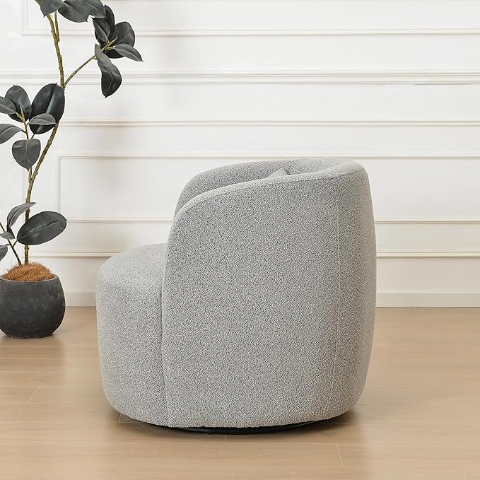 KINWELL 34" Wide Sherpa Swivel Barrel Chair, No Assembly Round Boucle Upholstered Accent Chair Armchair Single Sofa Chair with Toss Pillow for Living Room and Bedroom, Gray-Ruum Studio Home