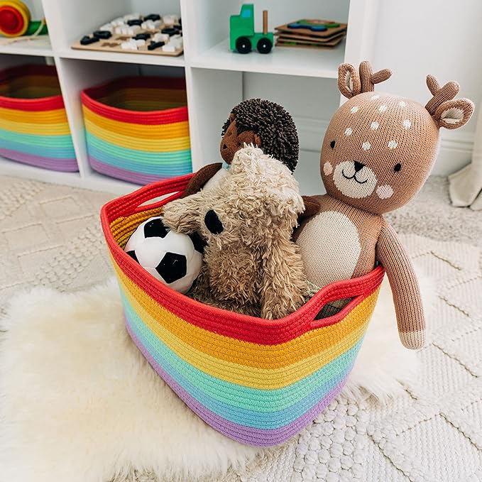 OrganiHaus Set of 3 Rainbow Woven Storage Baskets for Organizing, Cotton Rope Organizer Bins for Shelves, Closet & Nursery, Dog Toy Basket, Decorative Bins for Toys, Towels & Books - 15x10x9-Ruum Studio Home