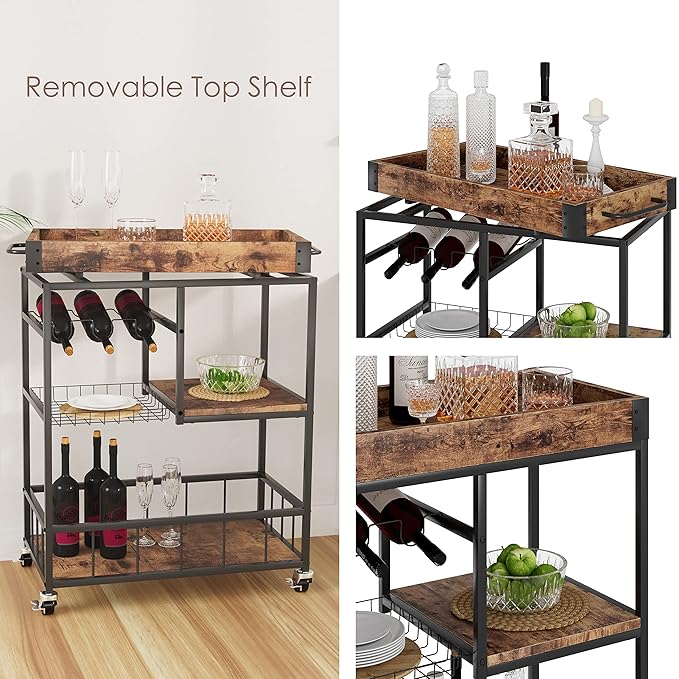 Bar Cart with Basket 3 Tiers Home Rolling Wine Rack with Wheels Mobile Kitchen Industrial Vintage Style Wood Metal Serving Trolley Serving Cart,Glass Holder Bar Cabinet-Ruum Studio Home