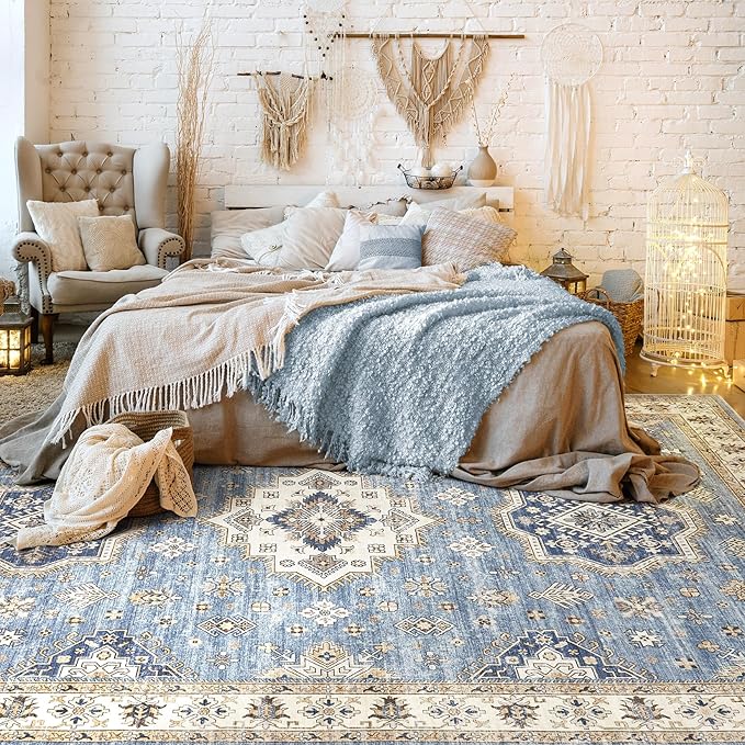 Washable Area Rugs for Living Room -8x10 Neutral Vintage Distressed Floral Farmhouse Boho Large Soft Floor Rug Indoor Non Slip Carpet for Living Room Bedroom Dining Room Office - Blue-Ruum Studio Home