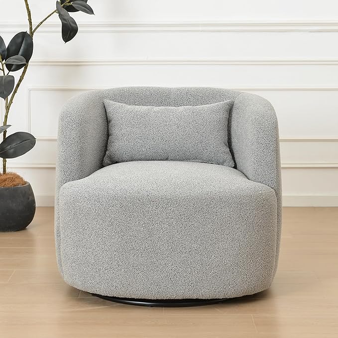 KINWELL 34" Wide Sherpa Swivel Barrel Chair, No Assembly Round Boucle Upholstered Accent Chair Armchair Single Sofa Chair with Toss Pillow for Living Room and Bedroom, Gray-Ruum Studio Home