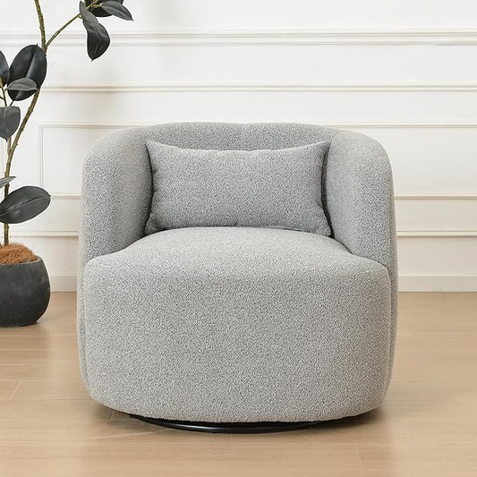 KINWELL 34" Wide Sherpa Swivel Barrel Chair, No Assembly Round Boucle Upholstered Accent Chair Armchair Single Sofa Chair with Toss Pillow for Living Room and Bedroom, Gray-Ruum Studio Home