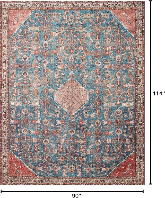 Loloi Layla Collection LAY-10 Marine/Clay 7'-6" x 9'-6" .13" Thick Area Rug, Soft, Durable, Vintage Inspired, Distressed, Low Pile, Non-Shedding, Easy Clean, Printed, Living Room Rug-Ruum Studio Home