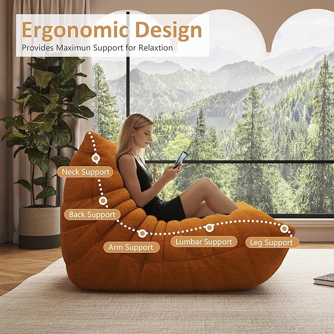 Bean Bag Chair, Oversized Loveseat Fireside Chair for Adults, 2 Seater with Memory Foam Filled, Lazy Sofa Lounge Floor Sofa for Living Room, Bedroom, Office, No Assembly Required. (Yellow)-Ruum Studio Home