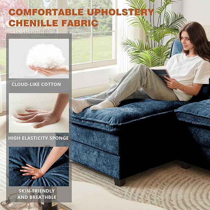 113" Oversized Cloud Couch, U Shape Sectional 4 Seat Sofa with Double Chaises, 2 Layer Cusions, Deep Seat Comfy Sofa, Upholstery Chenille Fabric for Living Room, Blue-Ruum Studio Home