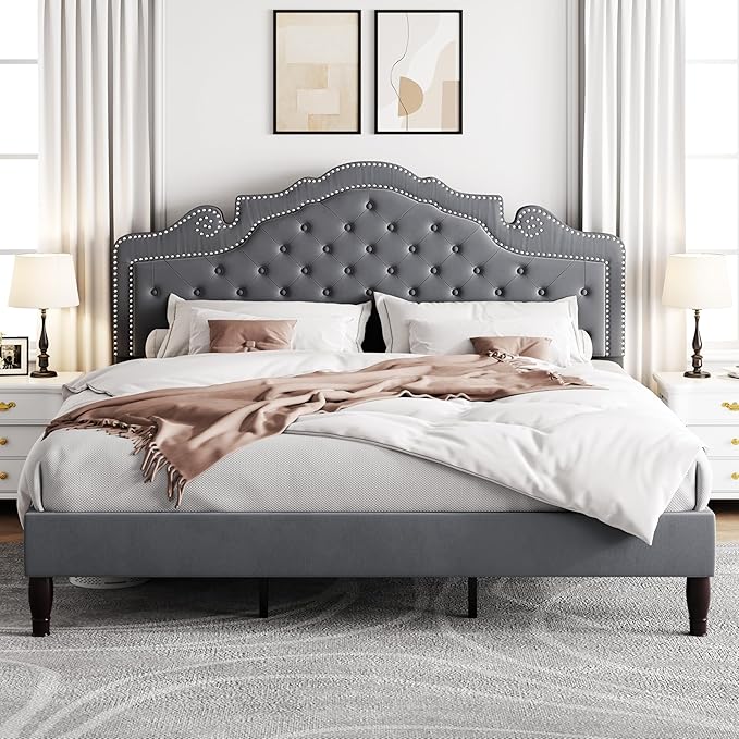 Allewie King Size Bed Frame with Adjustable Velvet Tiara Headboard, Upholstered Diamond Button Tufted Platform Bed, Wood Slats Support, No Box Spring Needed, Light Grey-Ruum Studio Home