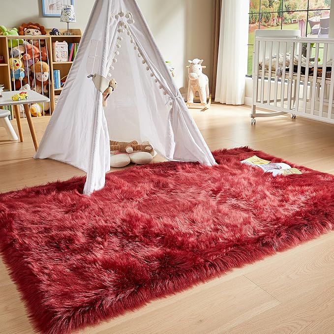 AMTOVO Faux Fur Sheepskin Rug for Living Room, 4 x 6 ft Burgundy Fluffy Area Rug for Bedroom, Playroom, Luxury Room Decor, Rectangle-Ruum Studio Home