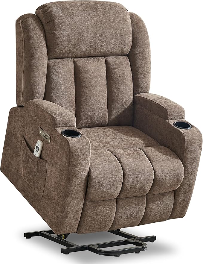 Power Lift Recliner Chair for Elderly with Massage and Heat, Reclining Sofa Chair with USB & Type-C Ports and Cup Holders, L1188(Brown)-Ruum Studio Home
