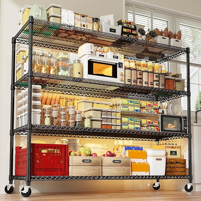 REIBII 60''W Storage Shelves 2399LBS Garage Shelving Heavy Duty with Wheels & Feet, 4 Tier Wire Shelving Adjustable Metal Shelving for Pantry Garage Kitchen Commercial Industrail, 60"W x 18"D x 65.5"H-Ruum Studio Home