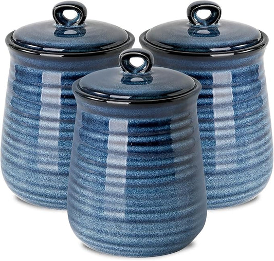 Hasense Kitchen Canisters Set with Airtight Lid for Countertop, 25 Ounce Ceramic Vintage Food Storage Jars Containers Set of 3 with Cover for Coffee, Sugar, Tea, Spice, Candy and Nut, Navy-Ruum Studio Home