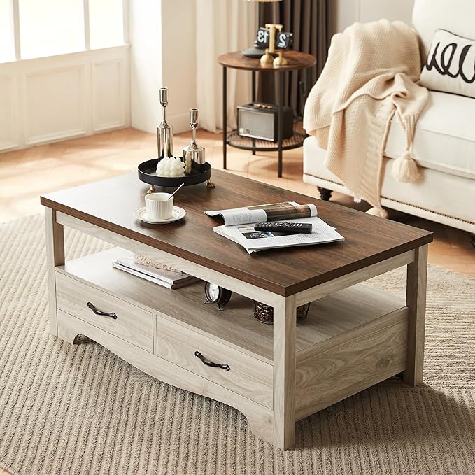 LINSY HOME Farmhouse Coffee Table with Storage, Wood Coffee Table for Living Room, Open Display Area and Storage Drawers with Metal Handles, Chic Style with Curved Base. Oak and Brown-Ruum Studio Home