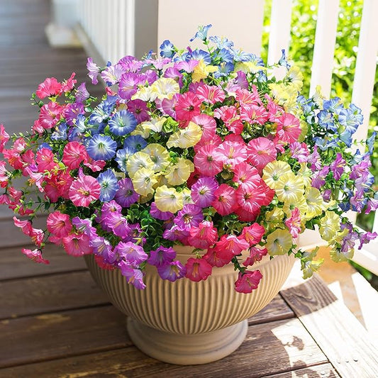 Artificial Flowers for Outdoors Fake Plants Outside Decoration, 12 Bundles Silk Colorful Morning Glory with Eucalyptus UV Resistant Realistic Faux Flowers for Planter Porch Patio Yard Indoor-Ruum Studio Home