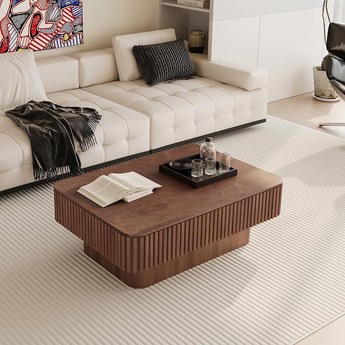 Lift Coffee Table with Storage & Adjustable Height, Solid Wood Coffee Table Fluted Center Table Accent Tea Table or Living Room, Apartment, Office (38.6" Walnut)-Ruum Studio Home