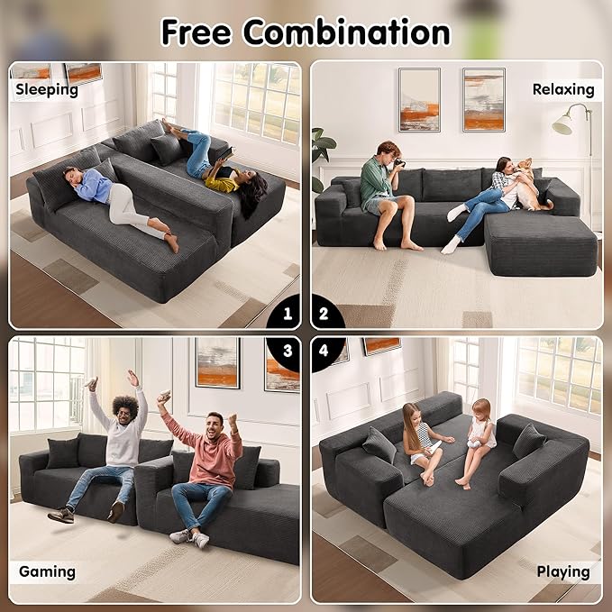ovios 104" Cloud Sectional Couch with L-Shape Chaise,Modern Modular Sofa with Deep Seat, Upholstered Couches for Living Room Bedroom,No Assembly Required, Grey (Corduroy Fabric)-Ruum Studio Home