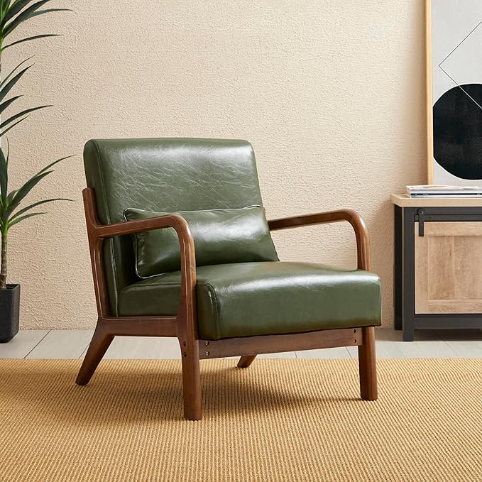 Glitzhome Mid Century Hunter Green Accent Armchair, Single Reading Armchair PU Leather Lounge Chair with Walnut Ruberwood Frame-Ruum Studio Home