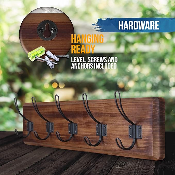 HBCY Creations Dark Wash Brown Rustic Coat Rack Wall Mount with 5 Hooks, Solid Pine Wood 24 inch Wall Hooks for Entryway, Mudroom, Hallway, Bathroom - Vintage Farmhouse Style Wall Mounted Towel Rack-Ruum Studio Home