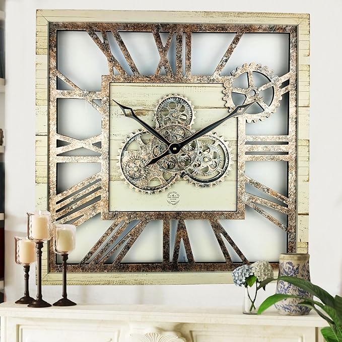 The Gears Clock 24'' Inch Square Real Moving Gear Wall Clock Vintage Industrial Oversized Rustic Farmhouse (Desert Beige)-Ruum Studio Home