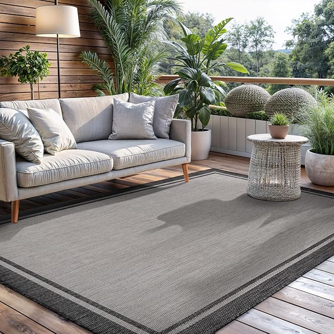 CAMILSON Indoor Outdoor Rug, 10x14 Bordered Gray Modern Area Rugs for Large Indoor and Outdoor Patios, Kitchen and Hallway Mats, Washable Porch Deck Outside Carpet (Bordered Grey, 10 x 14)-Ruum Studio Home