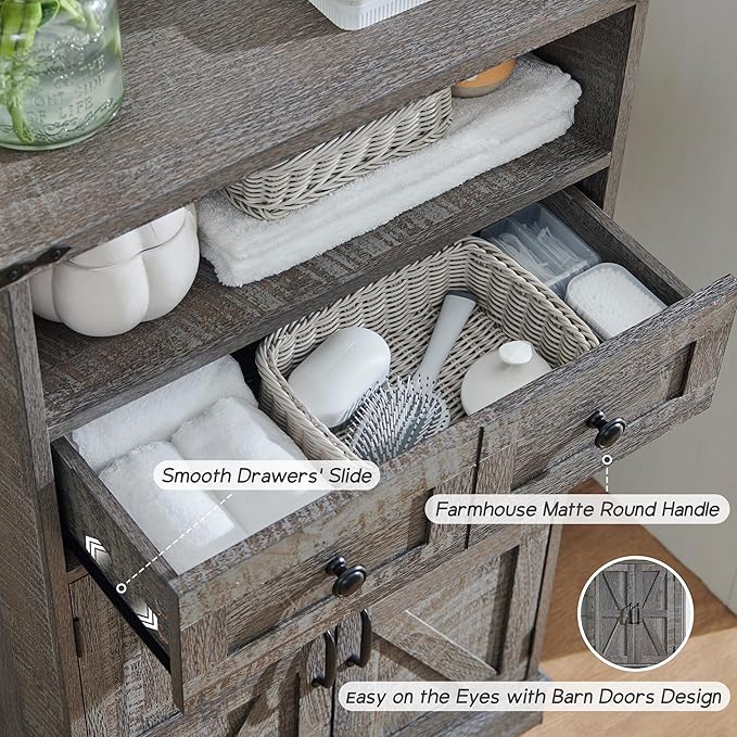 Bathroom Floor Cabinet, Farmhouse 24" Wide Cabinet with Drawer, Adjustable Shelf, Barn Doors, Cabinets for Bathroom, Kitchen, Living Room, Grey Wash-Ruum Studio Home
