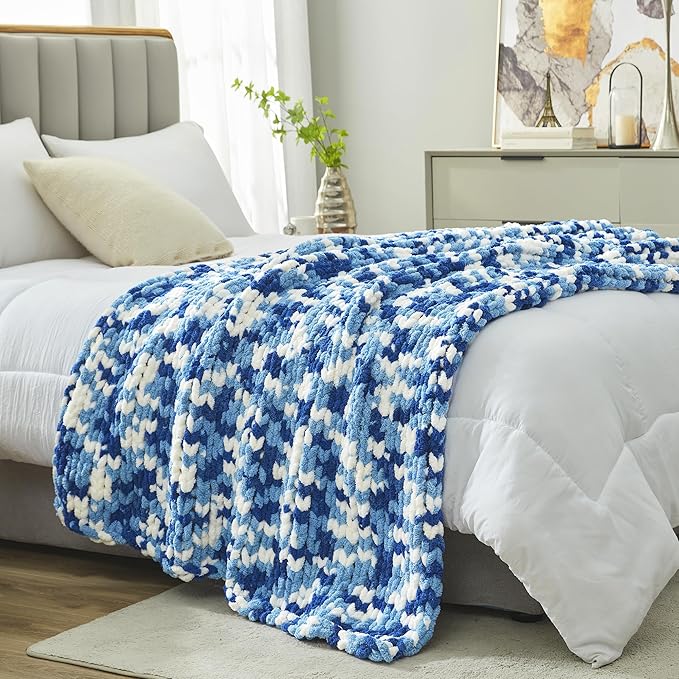 Amélie Home Chunky Knit Throw Blanket for Couch, Soft Chenille Crochet Blanket for Sofa, 50"x60", Space-Dyed Blue-Ruum Studio Home