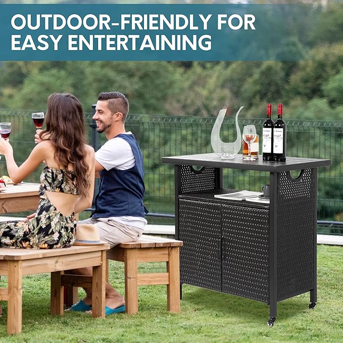 Outdoor Indoor Storage Cabinet with Rolling Wheels, Patio Serving Cart with Bar Table and Wicker Cabinet, Kitchen Island Prep Table, Black-Ruum Studio Home