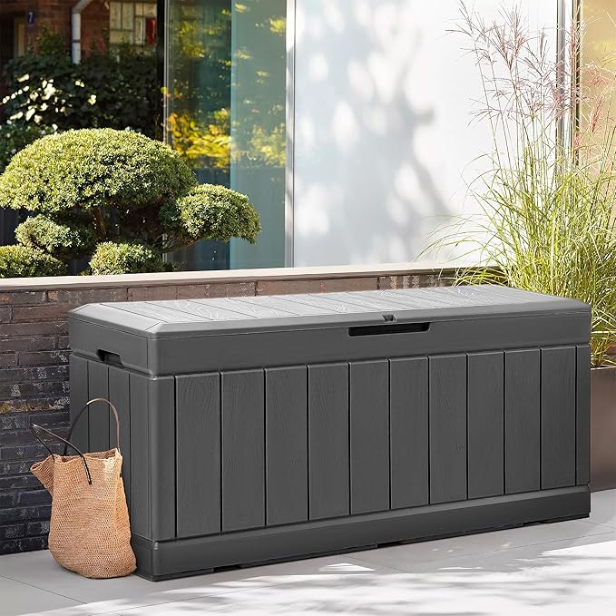 JUMMICO 83 Gallon Outdoor Deck Box Large Resin Storage Box for Patio Furniture Cushions, and Garden Tools (Gray)-Ruum Studio Home