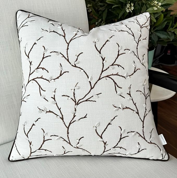 VAGMINE Embroidered Pussy Willow Throw Pillow Cover - 18x18 Inches Square - 100% Cotton Ivory Decorative Cushion Cover - Floral Embroidery - Soft Neutral Accent for Sofa, Bed, Couch, Farmhouse Décor-Ruum Studio Home