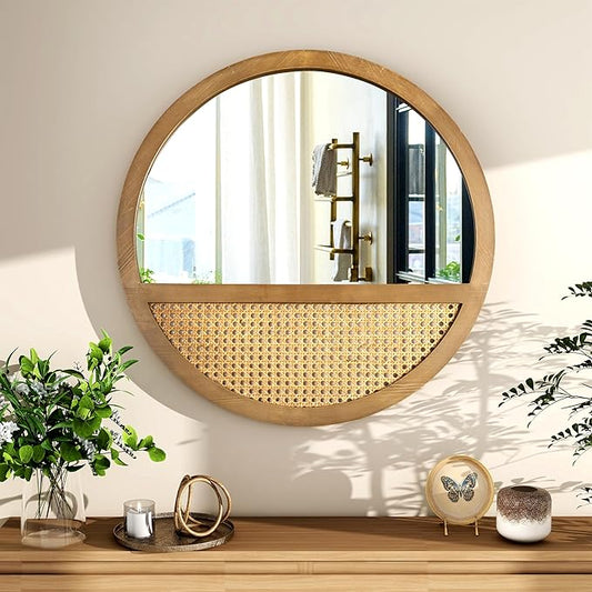 Rattan Round Mirror, 24 Inch Wall Mirror for Living Room Decor, Wooden Framed, Vintage Hanging Mirror, Hand-Woven for Wall Art Decoration-Ruum Studio Home