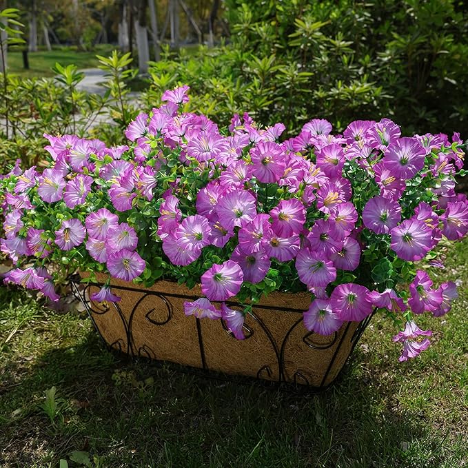Artificial Flowers for Outdoors Fake Plants Outside Decoration, 12 Bundles Silk Purple Morning Glory UV Resistant Look Real Faux Flowers for Planter Front Door Porch Patio Yard Gardens Home-Ruum Studio Home