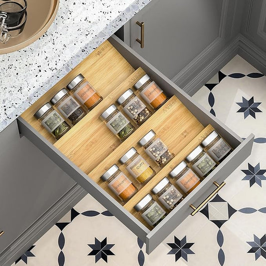 AMBIRD Bamboo Spice Drawer Organizer with Non-slip Mat, 4 Tier Jar Spice Rack Tray 13'',Seasoning Organizer for Kitchen,Cabinet,Drawers,Countertop-Ruum Studio Home