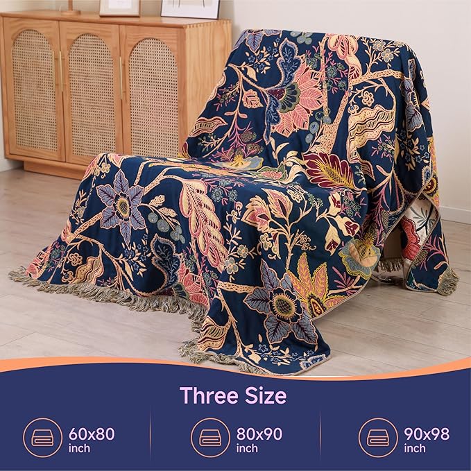 Boho Large Throw Blanket for Bed -100% Cotton Colorful Bed Throw, Ultra Soft Farmhouse Decor Bedding,80" x 90" Travel Blanket Rustic Throw for Picnic Sofa Couch Chair White&Blue-Ruum Studio Home