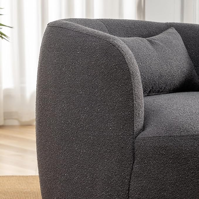 KINWELL 34" Wide Boucle Swivel Barrel Chair, No Assembly Round Upholstered Armchair Accent Chair Single Sofa Chair with Toss Pillow for Living Room and Bedroom, Dark Grey-Ruum Studio Home