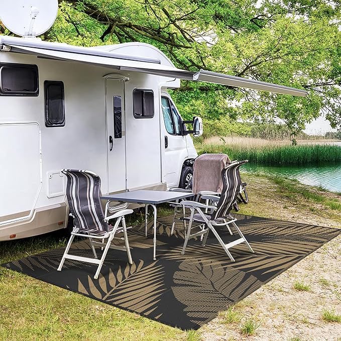 GENIMO Outdoor Rug 9' x 12' Waterproof for Patios Clearance, Reversible Outdoor Plastic Straw Camping Rug Carpet, Large Area Rugs Mats for RV, Camper, Deck, Balcony, Porch, Beach, Picnic, Black&Brown-Ruum Studio Home