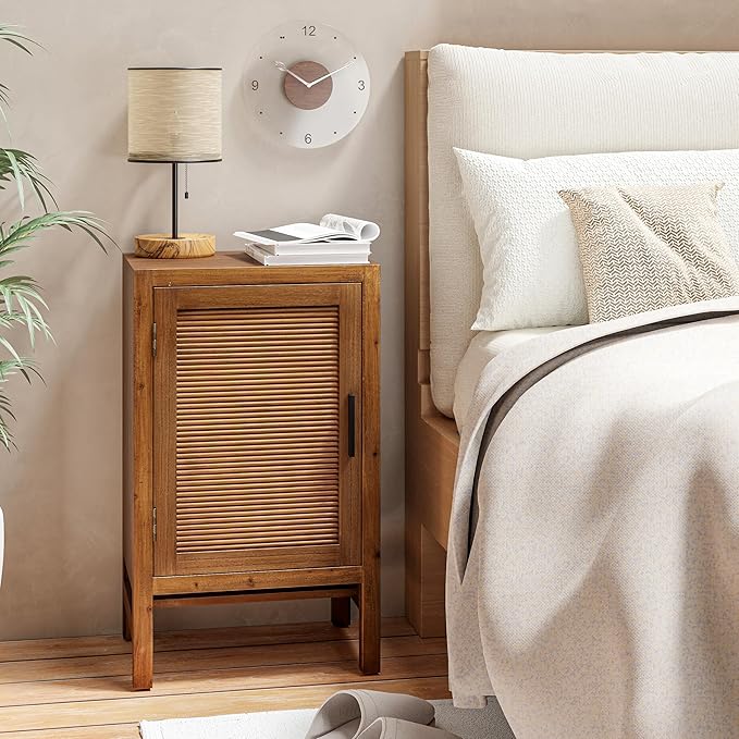 1 Door Farmhouse Nightstand, Rustic Slat Door Cabinet with 2 Shelves, Accent End Table with Storage for Bedroom, Brown-Ruum Studio Home